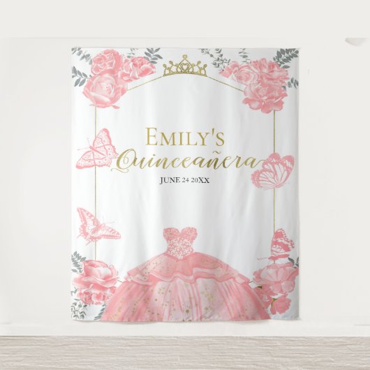 Quinceanera Achtergrond Roze Jurk Bloemen Gouden F Wandkleed (Voorkant)