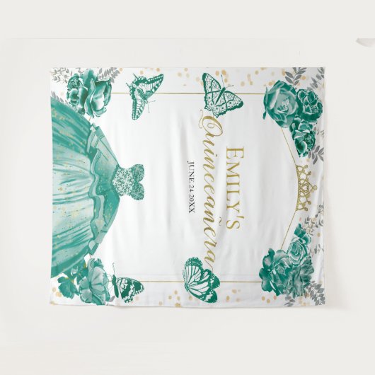 Quinceanera Achtergrond Smaragd Groene Jurk Bloeme Wandkleed (Voorkant (horizontaal))