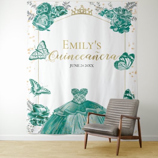 Quinceanera Achtergrond Smaragd Groene Jurk Bloeme Wandkleed (In situ)