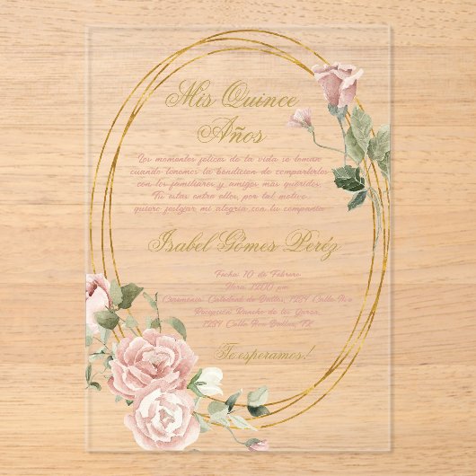 Quinceanera Acryl uitnodiging in het Spaans (Voorkant)