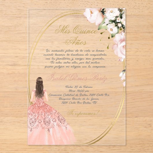 Quinceanera acryl uitnodiging in het Spaans (Voorkant)
