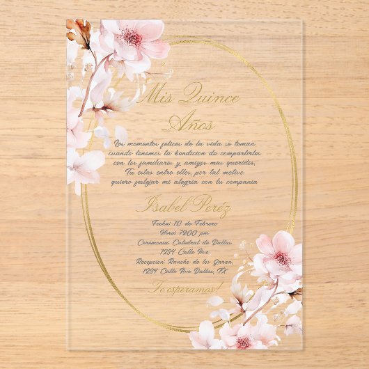 Quinceanera acryl uitnodiging in het Spaans (Voorkant)