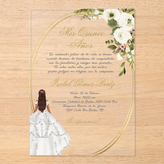 Quinceanera acryl uitnodiging in het Spaans (Voorkant)