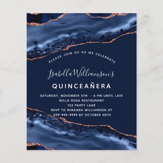 Quinceanera agate blue roos gold budget uitnodigin flyer (Voorkant)
