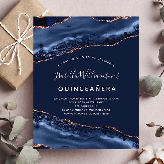 Quinceanera agate blue roos gold budget uitnodigin flyer