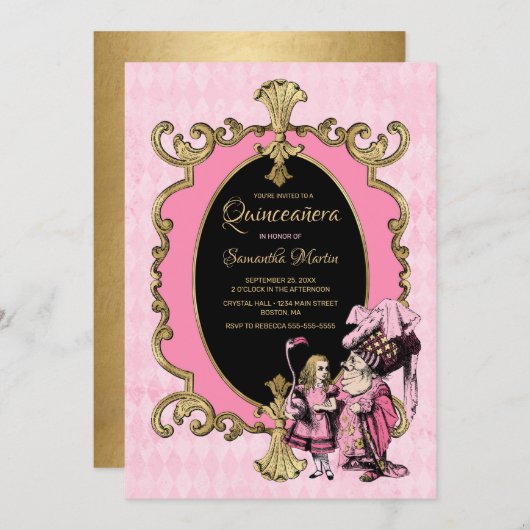 Quinceanera Alice in Wonderland Roze Goud Feest Kaart (Voorkant / Achterkant)