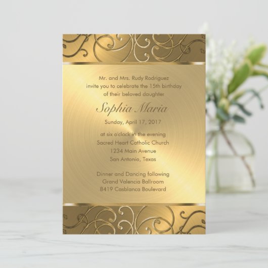 Quinceanera All Gold Filigree Swirl Border Kaart (Staand voorkant)
