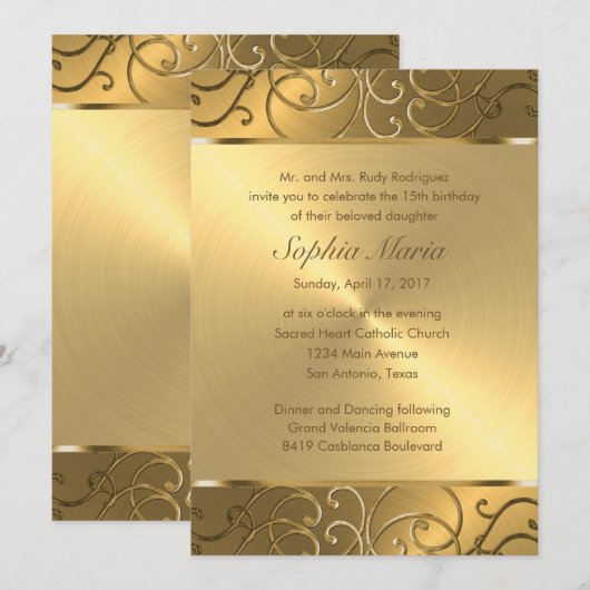 Quinceanera All Gold Filigree Swirl Border Kaart (Voorkant / Achterkant)
