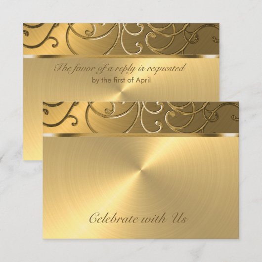 Quinceanera All Gold Filigree Swirl Border RSVP Kaartje (Voorkant / Achterkant)