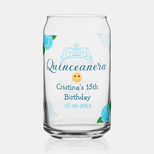 Quinceanera anos 15e verjaardag blauw roos kroonku blikvorm glas (Achterkant)