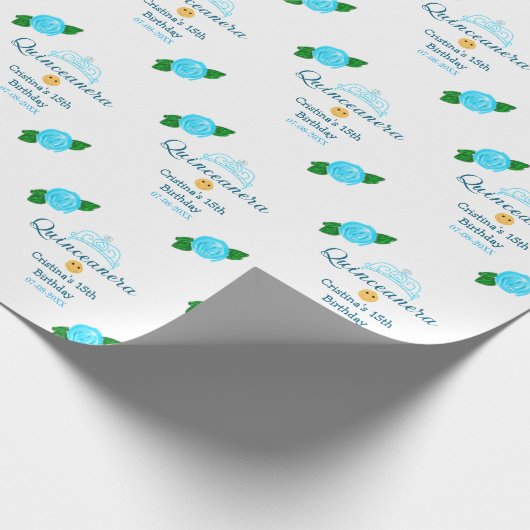 Quinceanera anos 15e verjaardag blauw roos kroonku cadeaupapier (Hoek)