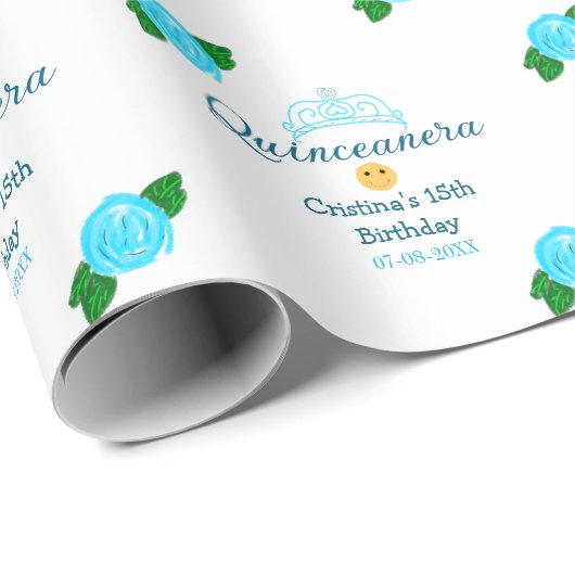 Quinceanera anos 15e verjaardag blauw roos kroonku cadeaupapier (Rol Hoek)