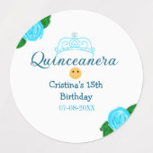 Quinceanera anos 15e verjaardag blauw roos kroonku labels (Design 2)