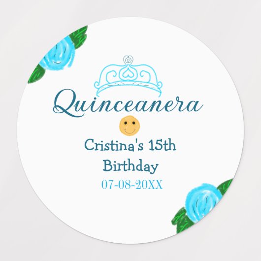 Quinceanera anos 15e verjaardag blauw roos kroonku labels (Design 2)