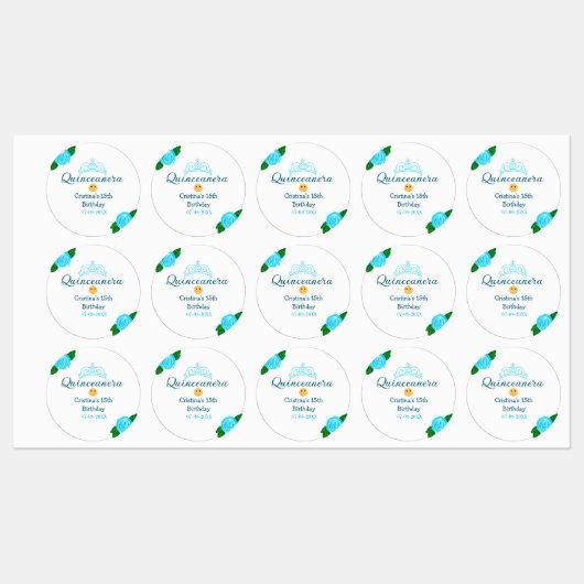 Quinceanera anos 15e verjaardag blauw roos kroonku labels (Vel)