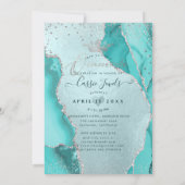 Quinceanera, Aqua Blue Agate Faux Silver Confetti Kaart (Achterkant)