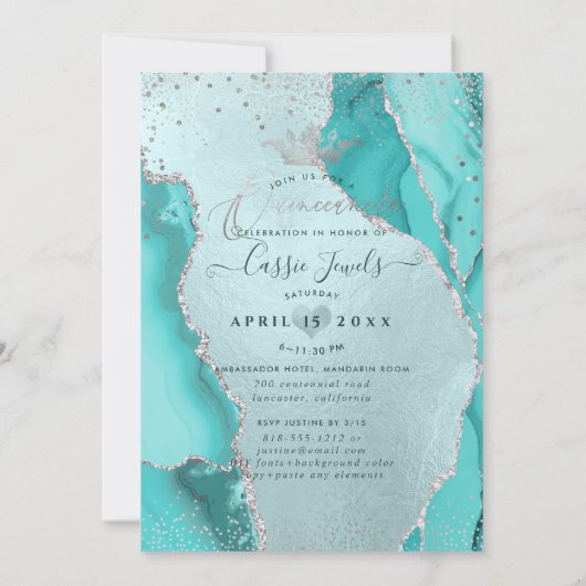 Quinceanera, Aqua Blue Agate Faux Silver Confetti Kaart (Achterkant)