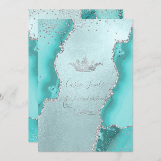 Quinceanera, Aqua Blue Agate Faux Silver Confetti Kaart (Voorkant / Achterkant)