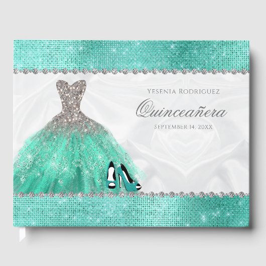 Quinceañera Aqua Diamond Sparkle Glitter Gastenboek (Voorkant)