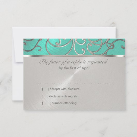 Quinceanera Aqua Green en Silver Filigree Swirls Kaart (Achterkant)