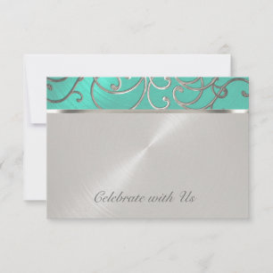 Quinceanera Aqua Green en Silver Filigree Swirls Kaart