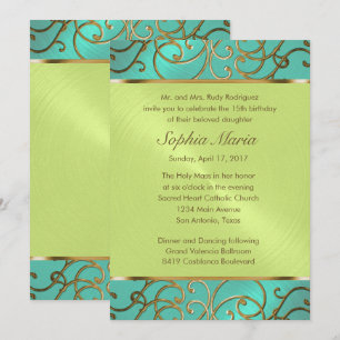 Quinceanera Aqua Lime Green Gold Filigree Swirls Kaart