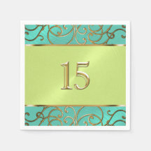 Quinceanera Aqua Lime Green Gold Filigree Swirls