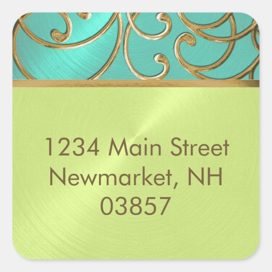 Quinceanera Aqua Lime Green Gold Filigree Swirls Vierkante Sticker (Voorkant)