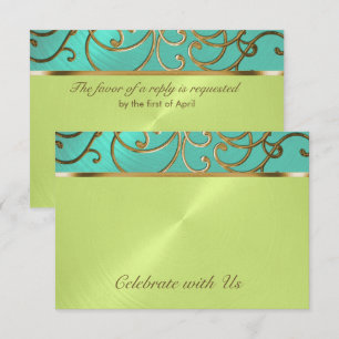 Quinceanera Aqua Lime Groen Gouden Filigraan Krull Kaart