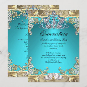 Quinceanera Aqua Turquoise Goud 15e Verjaardagsfee Kaart