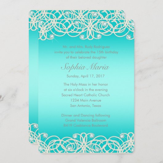 Quinceanera Aqua Turquoise Sparkle and Lace Kaart (Voorkant / Achterkant)