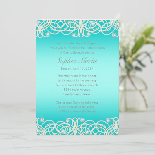 Quinceanera Aqua Turquoise Sparkle and Lace Kaart (Staand voorkant)