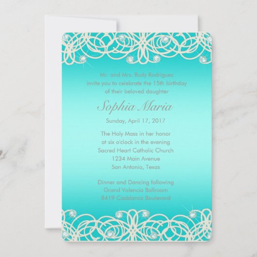 Quinceanera Aqua Turquoise Sparkle and Lace Kaart (Voorkant)