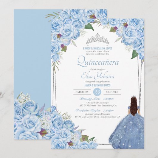 Quinceanera Assepoester Prinses Blauw Roos Kaart (Voorkant / Achterkant)