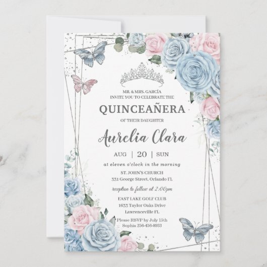 Quinceañera Baby Blauw Bleek Roze bloemfluitjes Kaart (Voorkant)