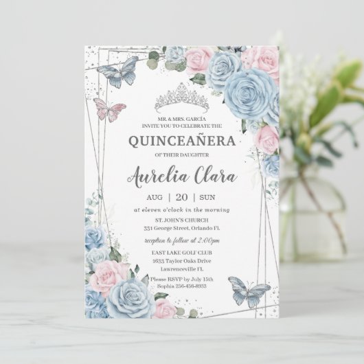 Quinceañera Baby Blauw Bleek Roze bloemfluitjes Kaart (Staand voorkant)