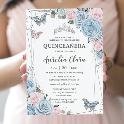 Quinceañera Baby Blauw Bleek Roze bloemfluitjes Kaart