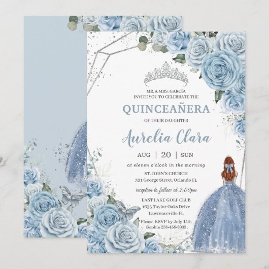 Quinceañera Baby Blauw Bloemen Rood Haar Prinses 1 Kaart (Voorkant / Achterkant)