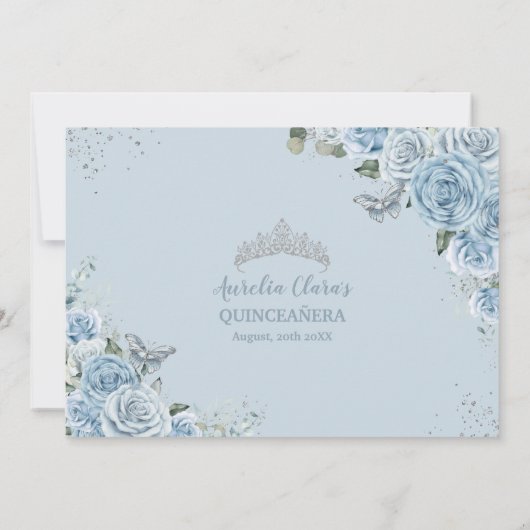 Quinceañera Baby Blauw Bloemen Vlinder Foto 16e Bedankkaart (Achterkant)