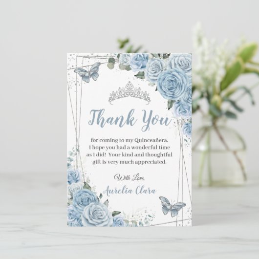 Quinceañera Baby Blauw Bloemen Vlinders Zoet 16 Bedankkaart (Staand voorkant)