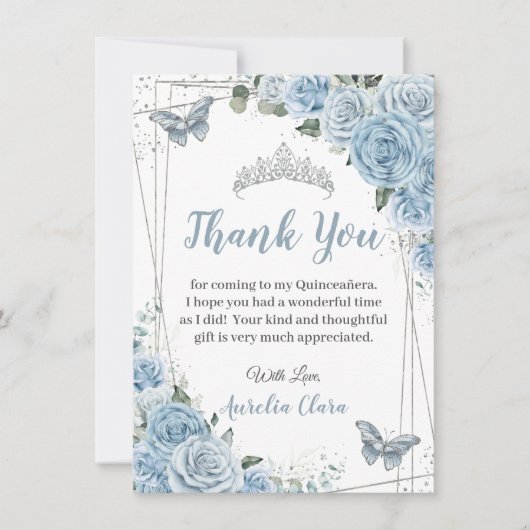 Quinceañera Baby Blauw Bloemen Vlinders Zoet 16 Bedankkaart (Voorkant)