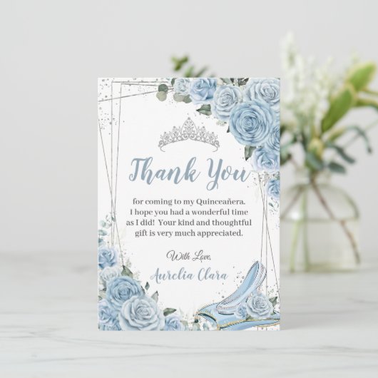 Quinceañera Baby Blauw Bloemen Zoet 16 Assepoester Bedankkaart (Staand voorkant)