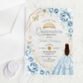 Quinceanera Baby Blauw Jurk Bloemen Goud Acryl Uitnodigingen