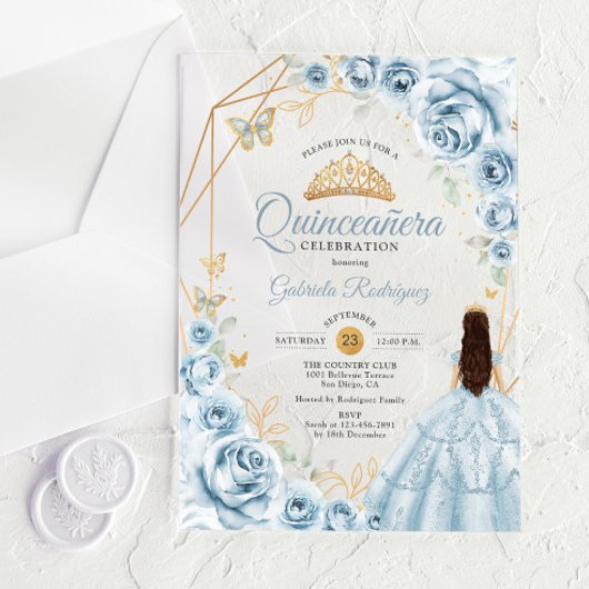 Quinceanera Baby Blauw Jurk Bloemen Goud Acryl Uitnodigingen