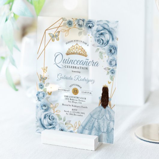Quinceanera Baby Blauw Jurk Bloemen Goud Acryl Uitnodigingen