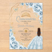 Quinceanera Baby Blauw Jurk Bloemen Goud Acryl Uitnodigingen (Voorkant)