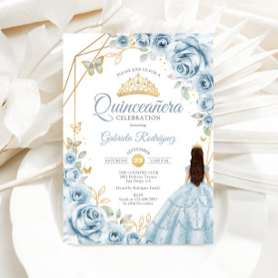 Quinceanera Baby Blauw Jurk Bloemen Goud Kaart