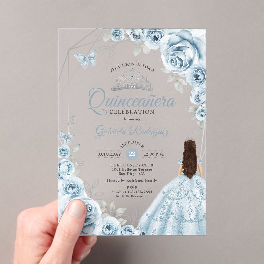 Quinceanera Baby Blauw Jurk Bloemen Zilver Acryl Uitnodigingen (Insitu (Draagbaar))