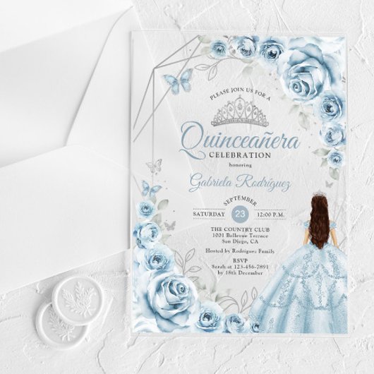 Quinceanera Baby Blauw Jurk Bloemen Zilver Acryl Uitnodigingen