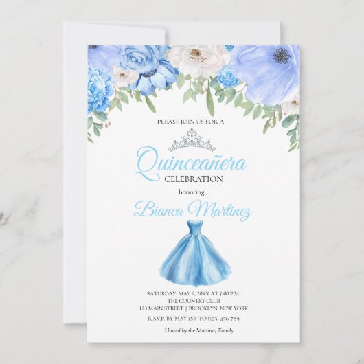 Quinceanera Baby Blauw Jurk Mis Quince Kaart (Voorkant)